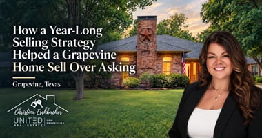 Twilight exterior photo of a brick home in Grapevine, Texas, surrounded by mature trees and a green lawn. Large white headline reads, “How a Year-Long Selling Strategy Helped a Grapevine Home Sell Over Asking.” Christina Eschbacher appears on the right in a black blazer, with her United Real Estate DFW Properties branding at the lower left.